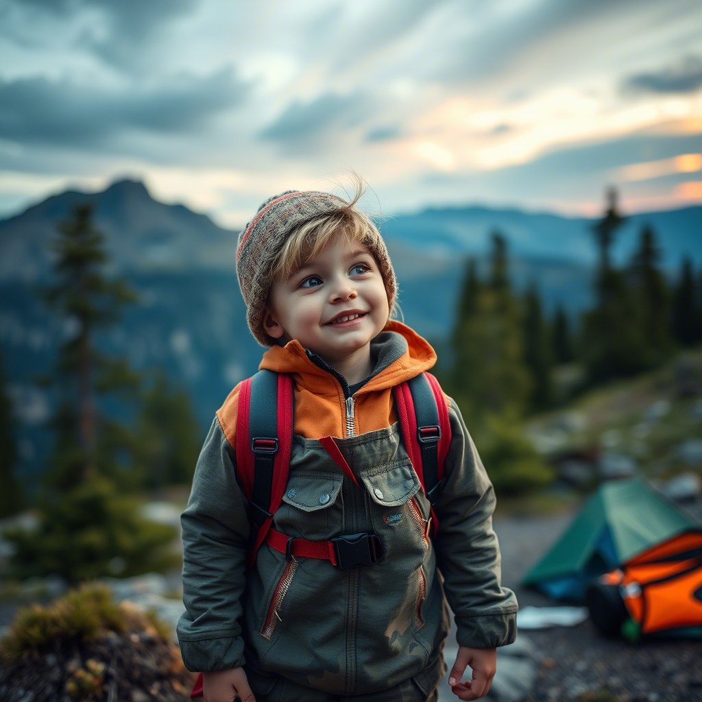 Little adventurer wearing Lezonkidss clothes on a camping trip