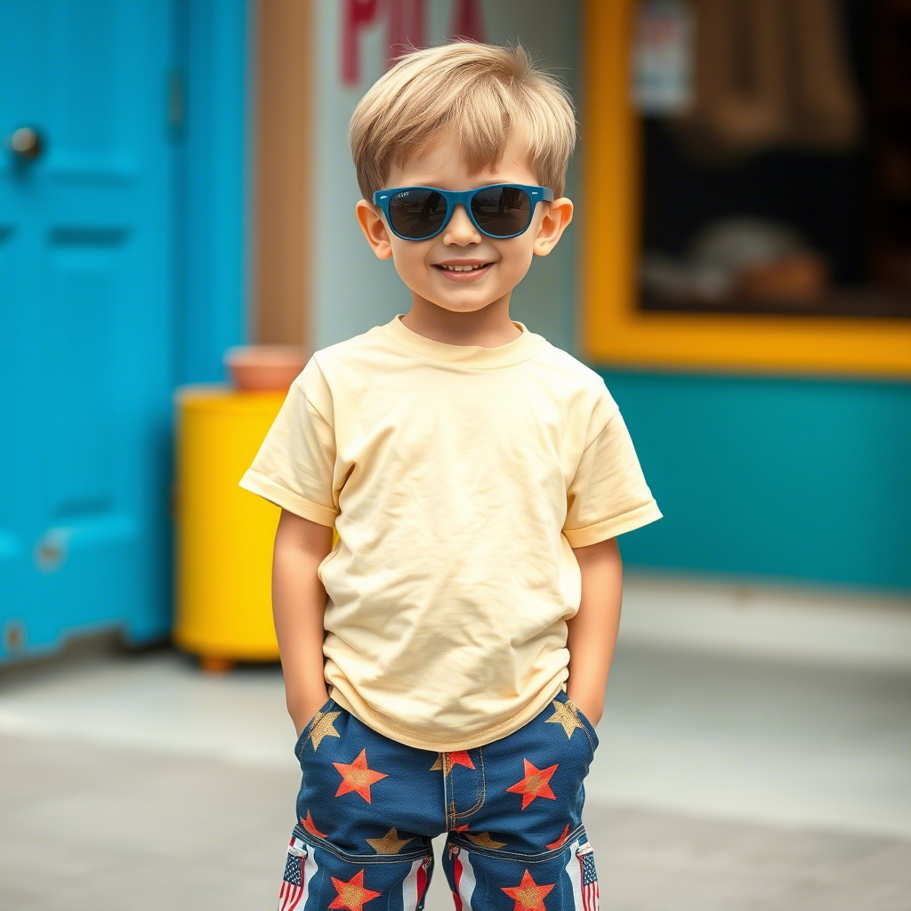 Little American boy wearing vibrant China-made t-shirt and shorts