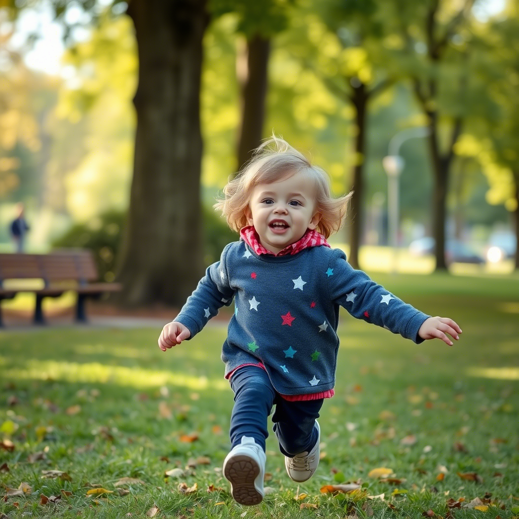 Little American child in vibrant export-quality clothing running in a park