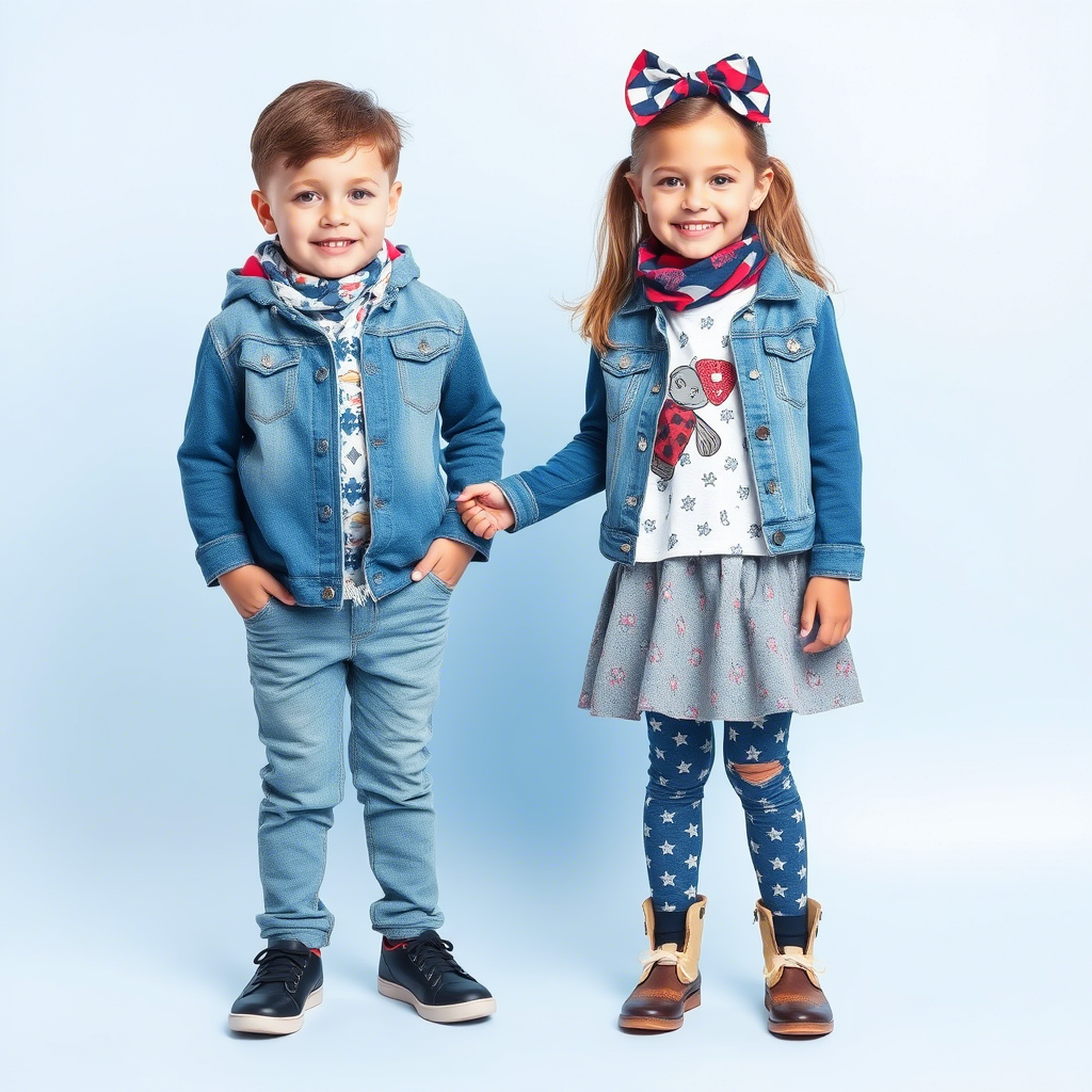 Little boy and girl modeling kids’ fashion clothing together