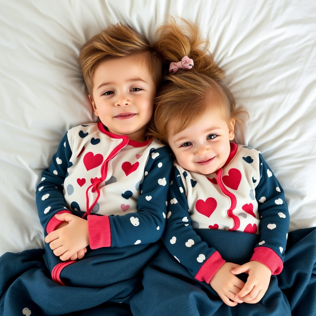 Little boy and girl snuggled up in cozy matching sleepwear on a bed