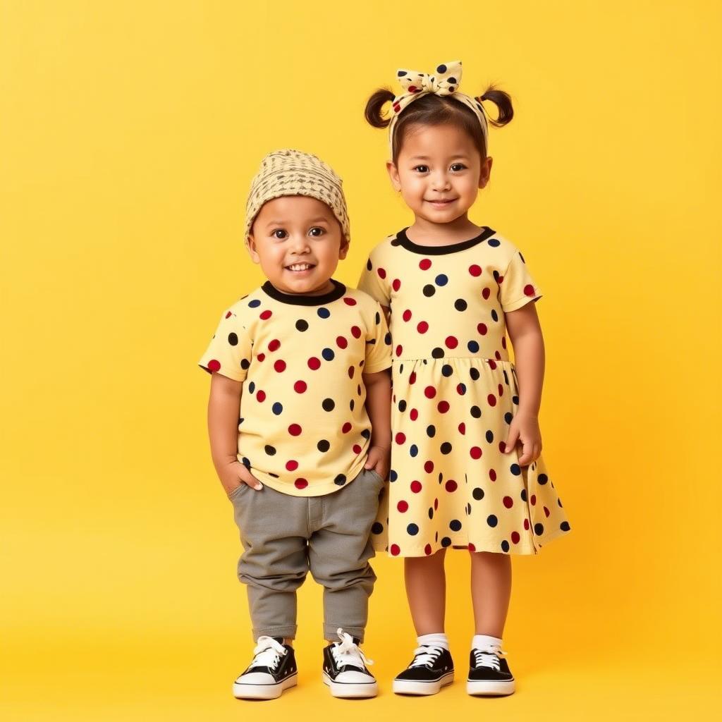 Little boy and girl twins in matching cute outfits