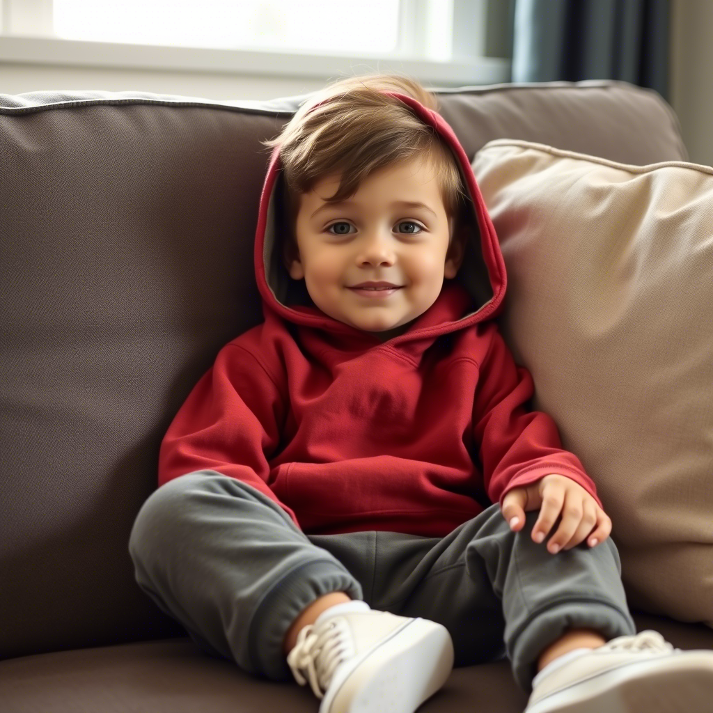Little boy dressed in a comfortable hoodie and sweatpants sitting on a couch