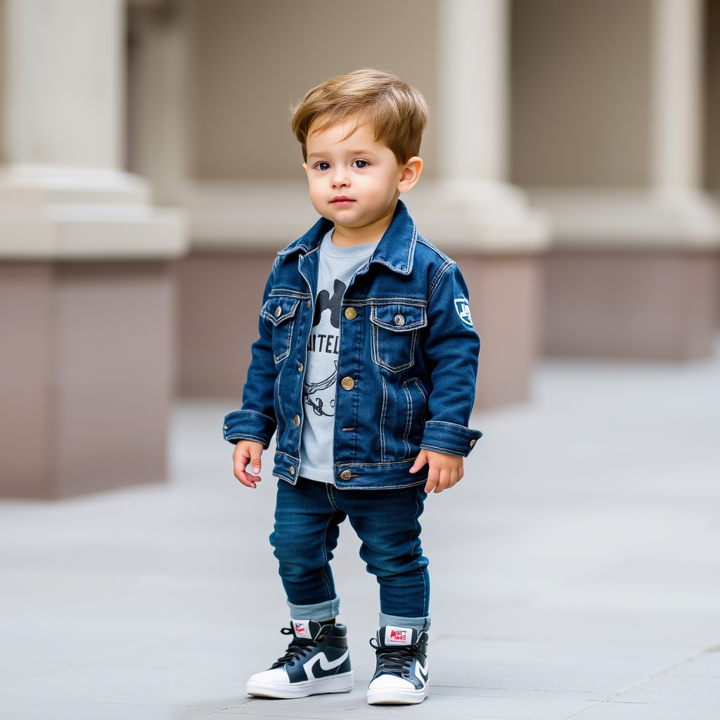 Little boy dressed in a stylish denim jacket and sneakers