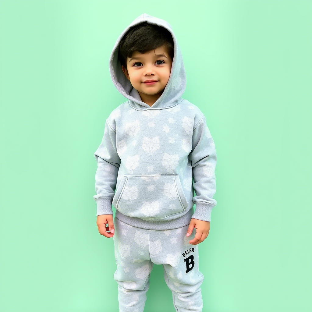 Little boy dressed in a stylish hoodie and matching sweatpants