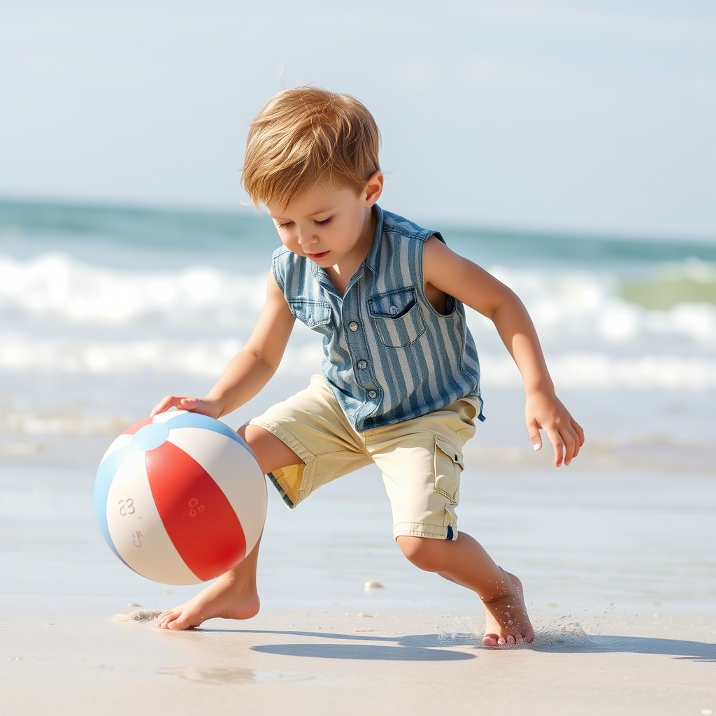 Little boy dressed in casual summer clothing playing with a beach ball
