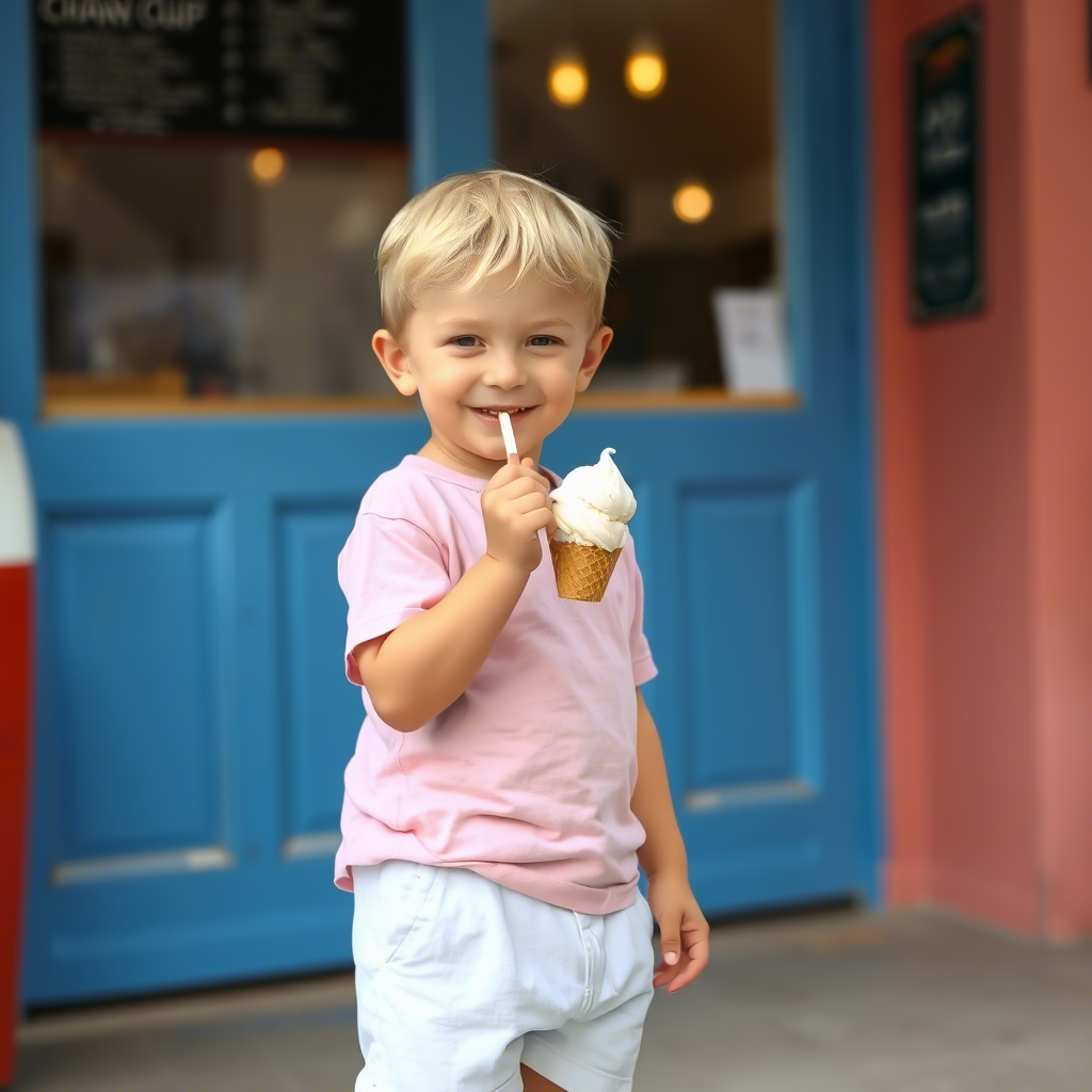 Little boy dressed in pastel pink T-shirt and white linen shorts, enjoying ice cream