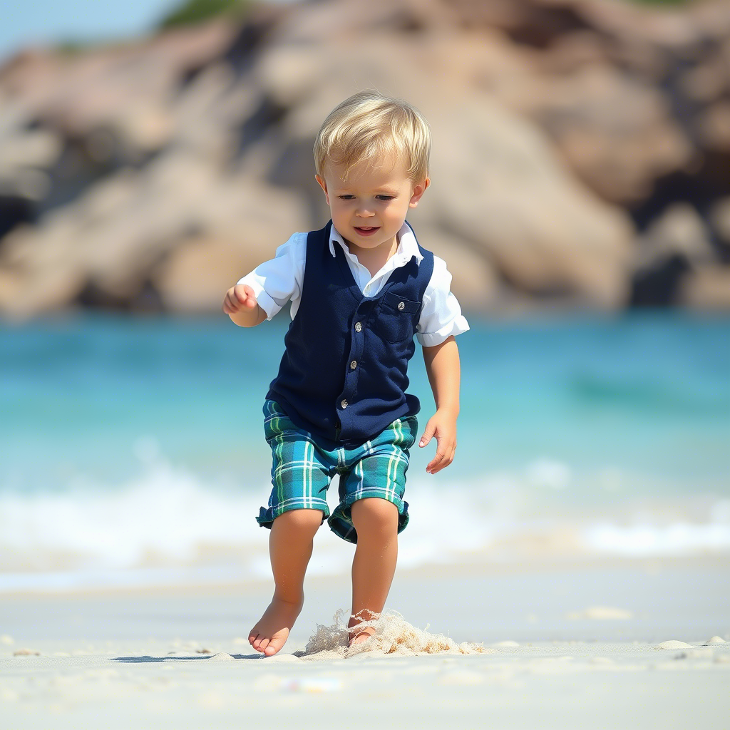 Little boy dressed in stylish summer clothes playing on the beach