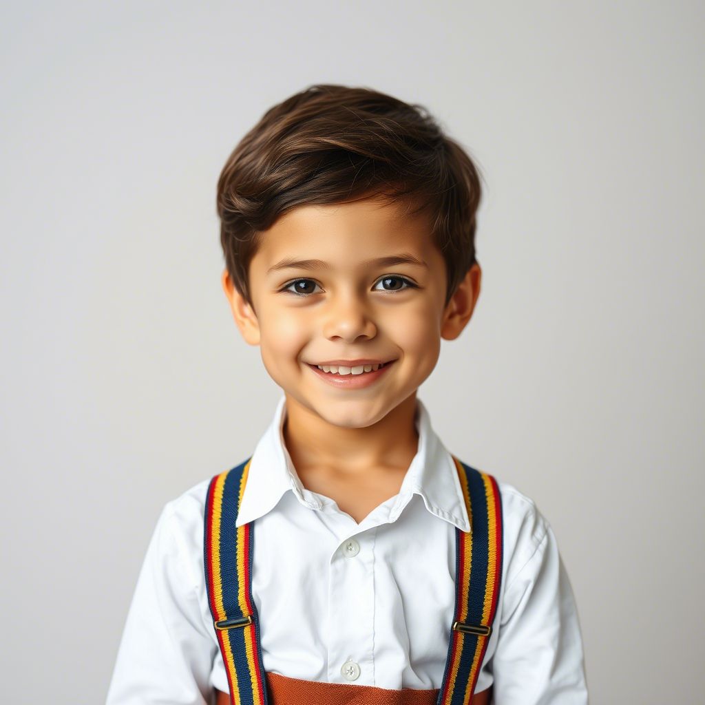 Little boy dressed in stylish plain white shirt and colorful suspenders smiling