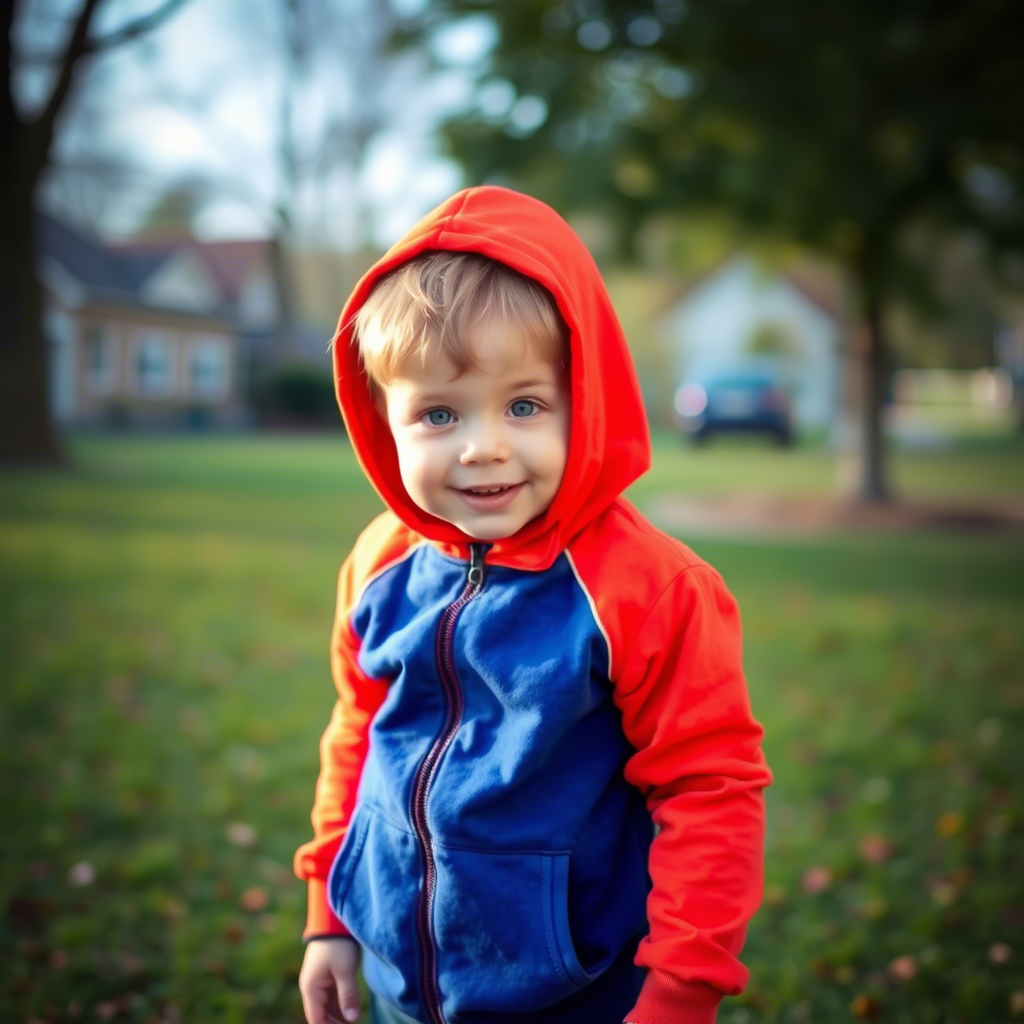 Little boy in a bright colored hoodie playing outside