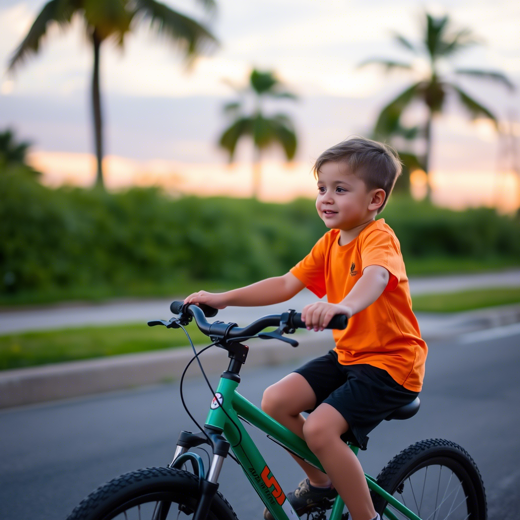 Little boy in a vibrant orange T-shirt and black shorts, riding a bicycle on a summer evening