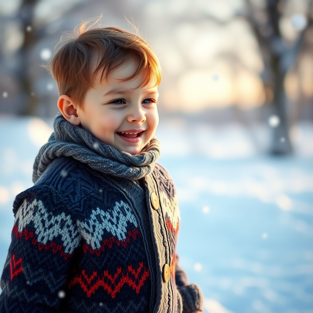 Little boy in a warm cardigan enjoying a winter snowday