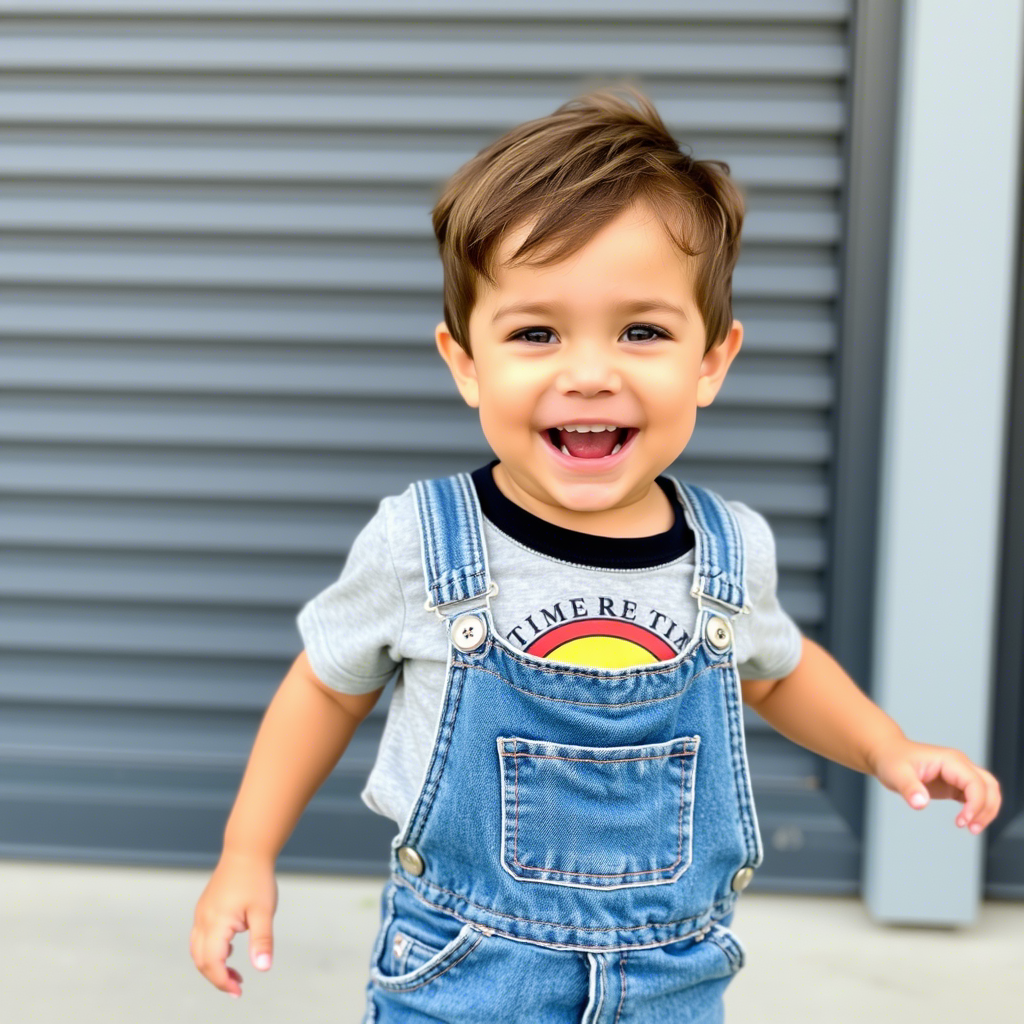 Little boy in adorable graphic tee and denim overalls having fun
