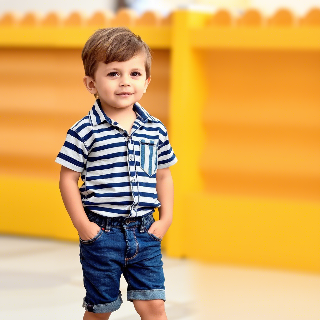 Little boy in adorable striped shirt and denim shorts for wholesale clothing