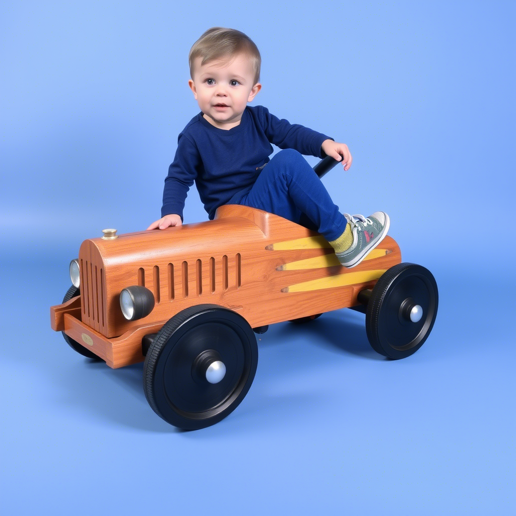 Little boy in blue pants sitting on a wooden toy car