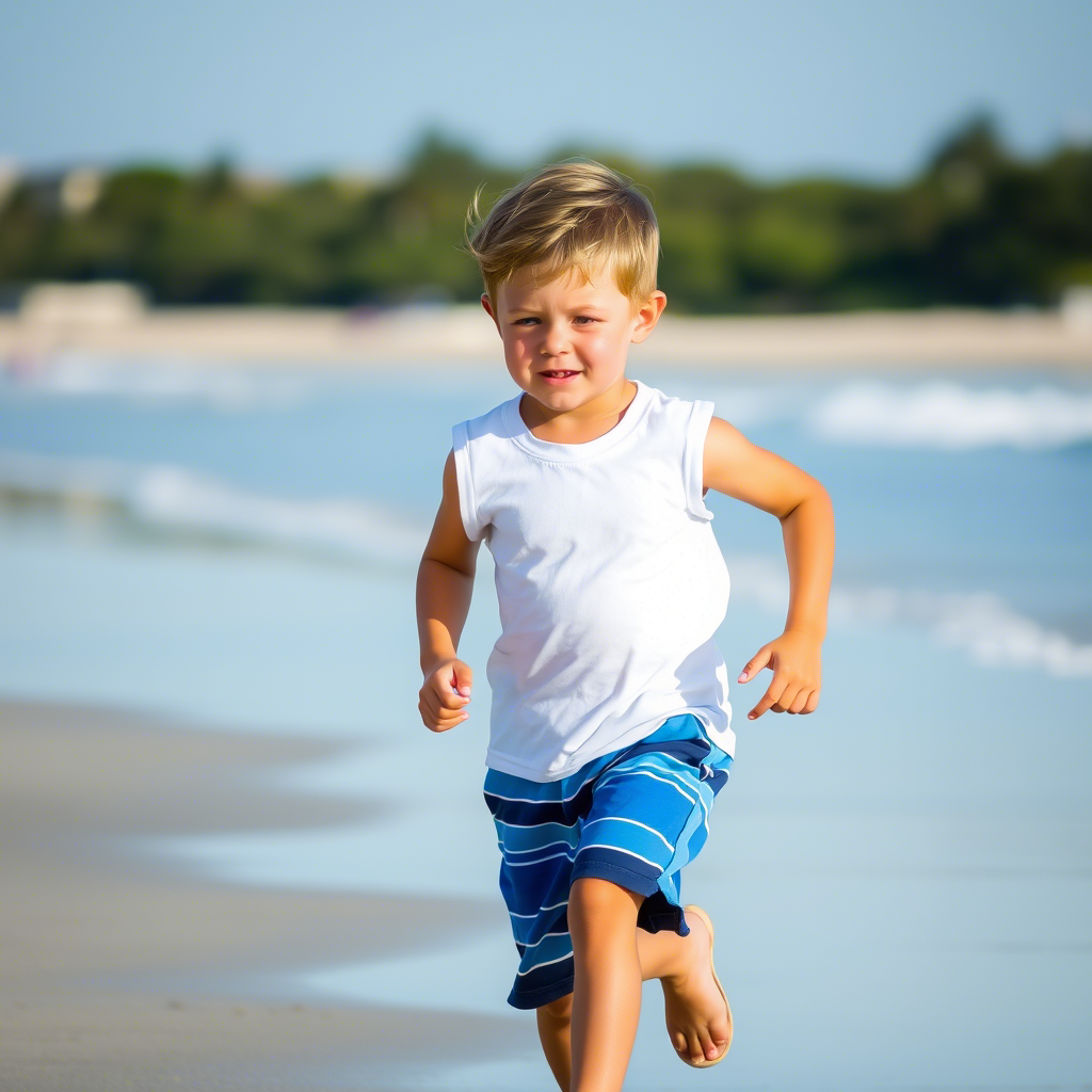 Little boy in blue striped shorts and a sleeveless white T-shirt, running on the beach