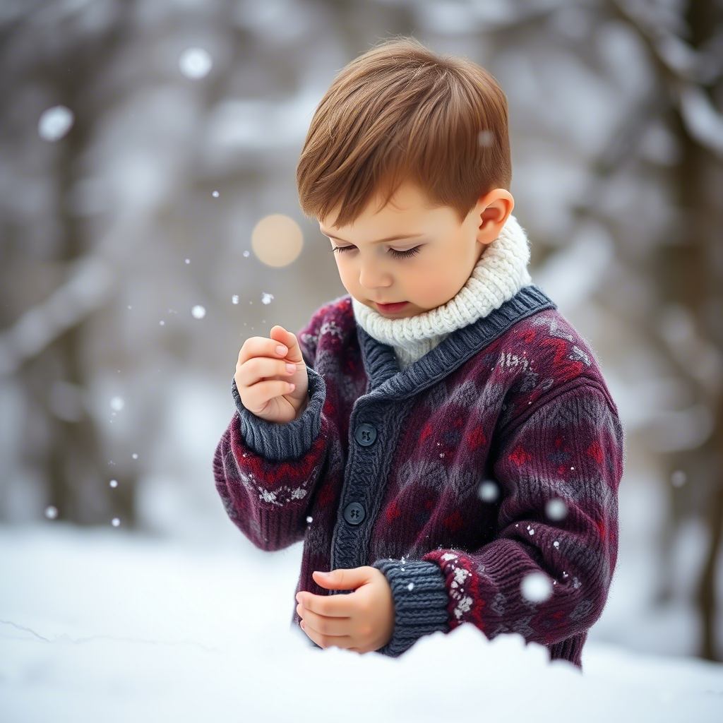 Little boy in cardigan playing with snowflakes gently
