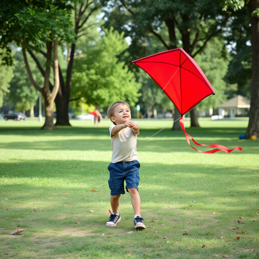 Little boy in casual shorts, playing with a kite in a park