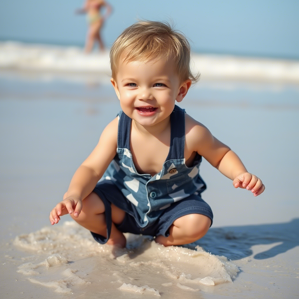 Little boy in casual summer clothes playing on the beach