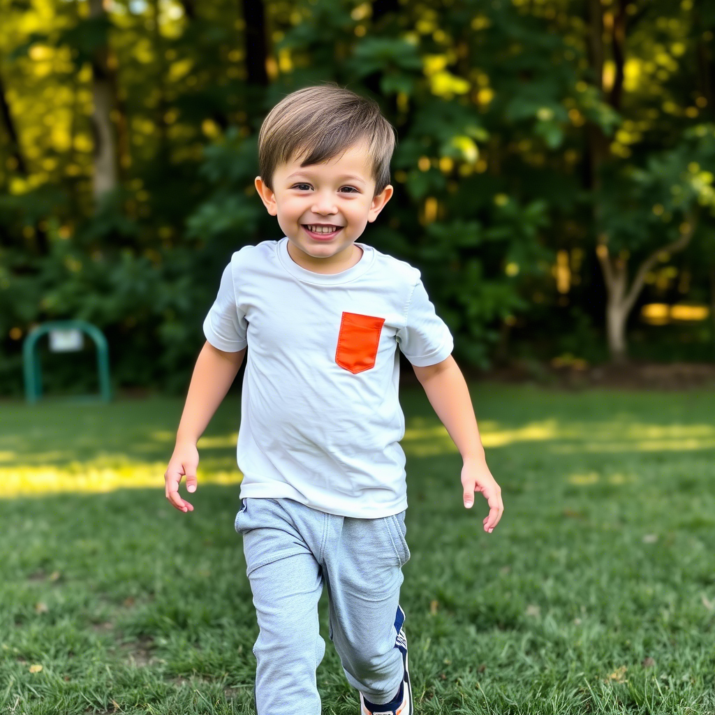 Little boy in casual tee and joggers having fun outdoors