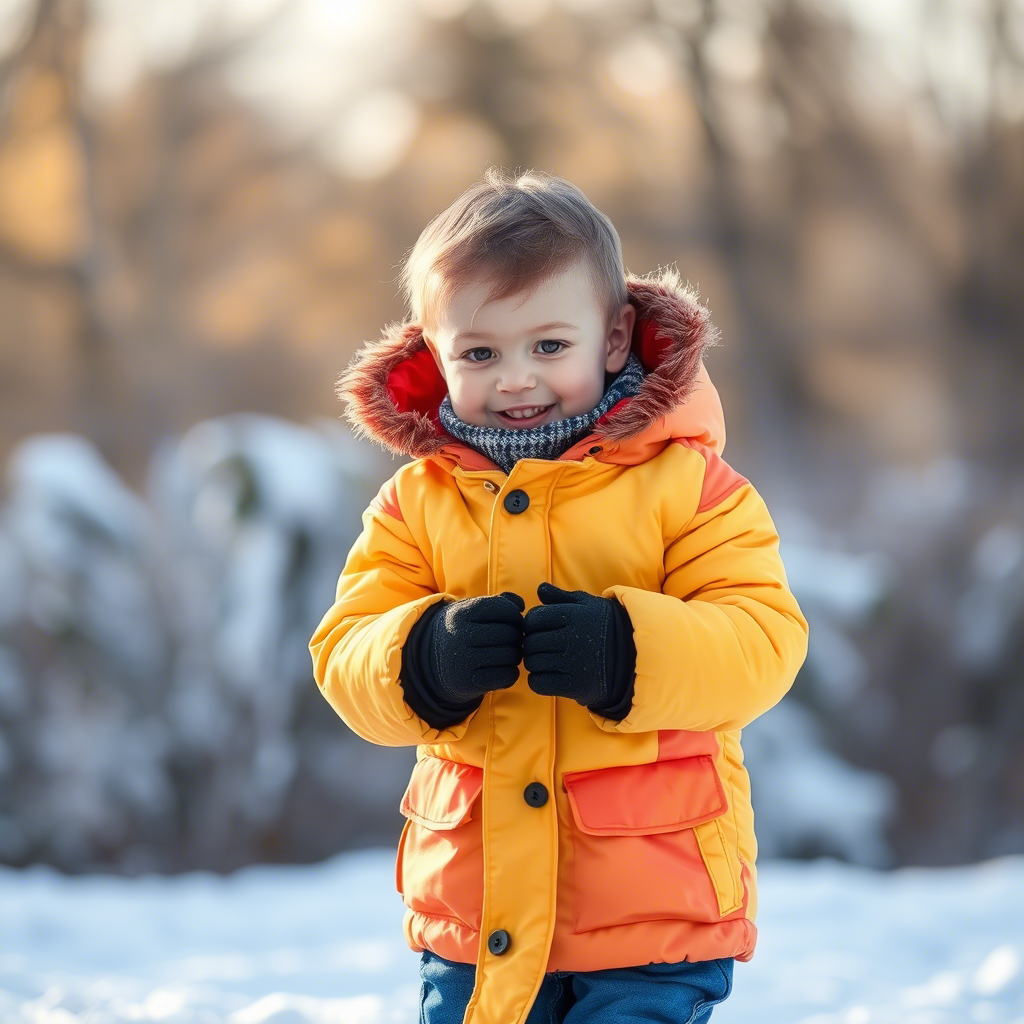 Little boy in colorful winter coat playing outside