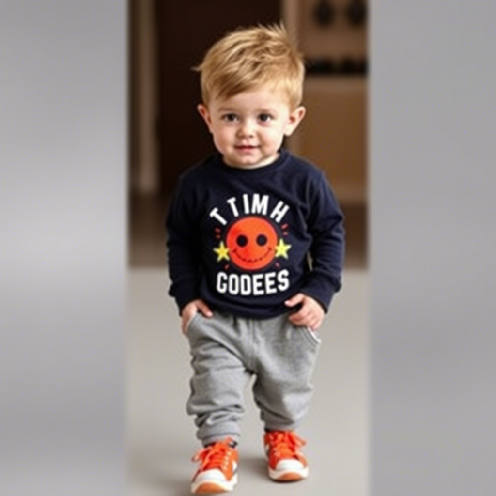 Little boy in comfortable joggers and a fun graphic shirt