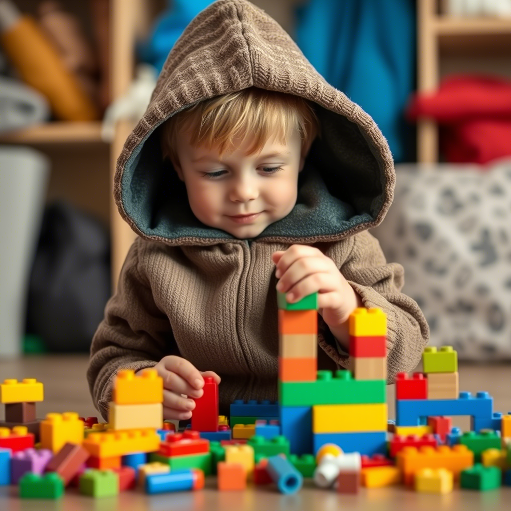 Little boy in cozy hoodie playing with building blocks