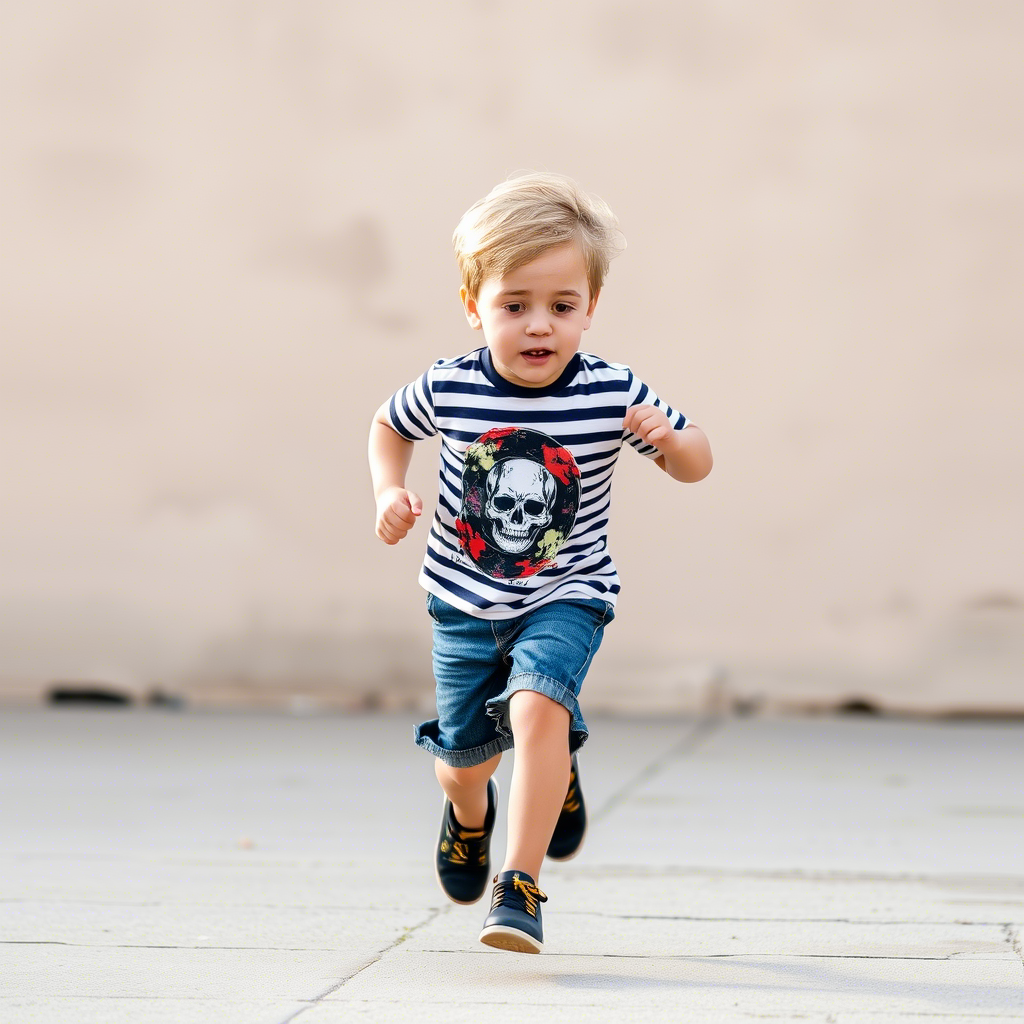 Little boy in denim shorts and striped graphic tee running