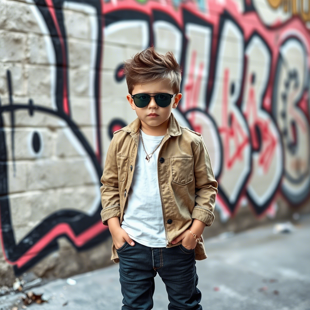 Little boy in fashionable clothing standing in front of a graffiti wall