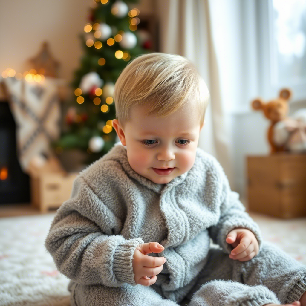 Little boy in fuzzy winter pajamas playing indoors