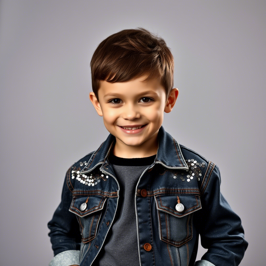 Little boy in sequined denim jacket posing with confident smile