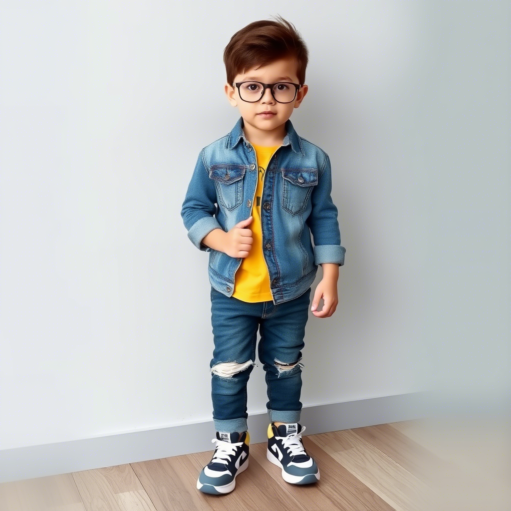 Little boy in stylish denim outfit with trendy sneakers
