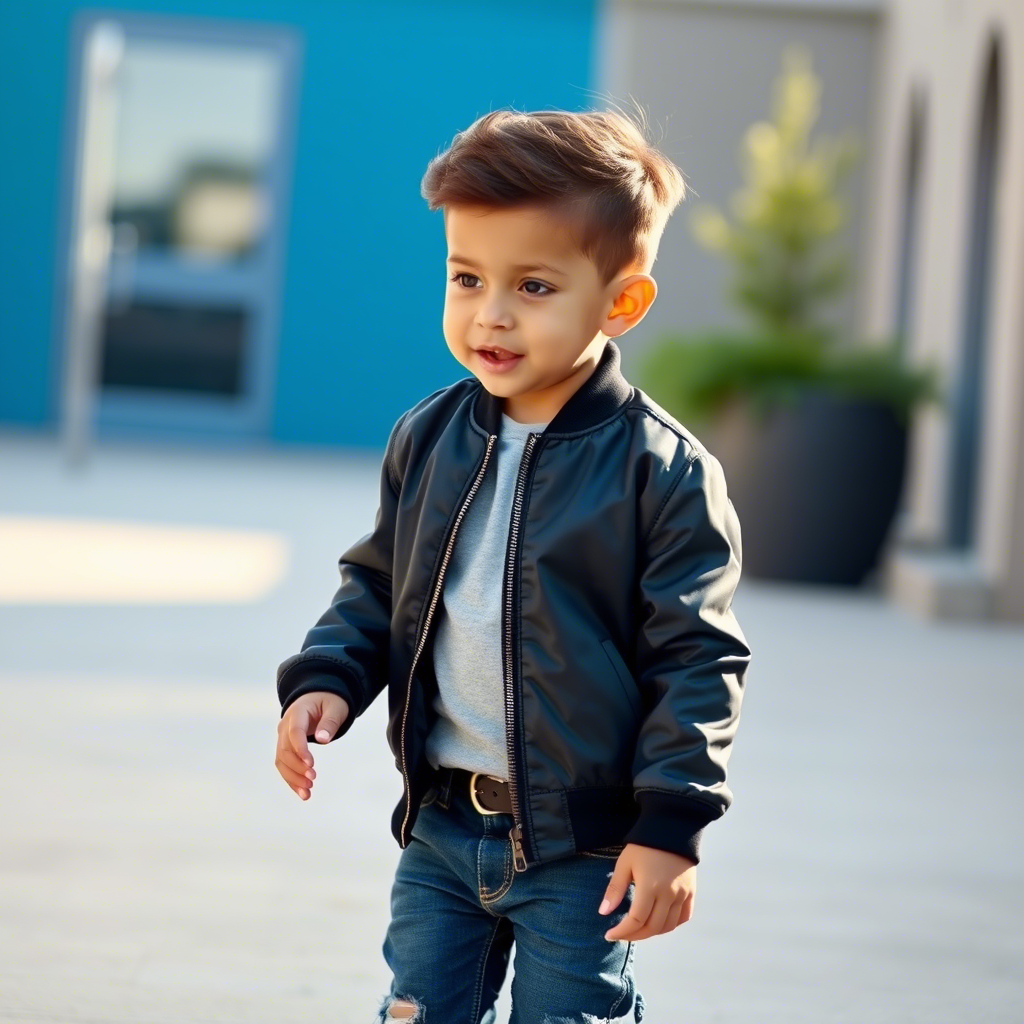 Little boy in stylish jeans and bomber jacket playing outside