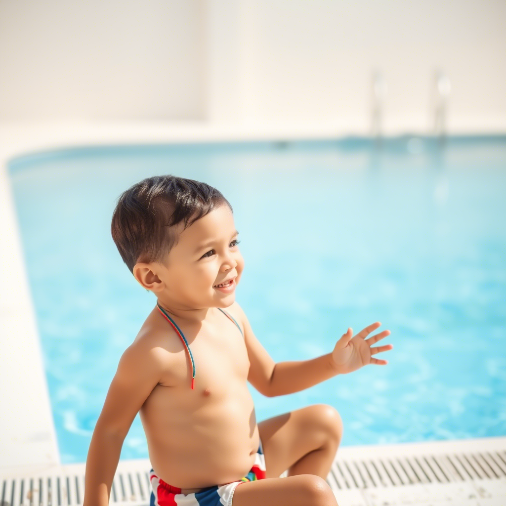 Little boy in stylish swimwear playing by the pool
