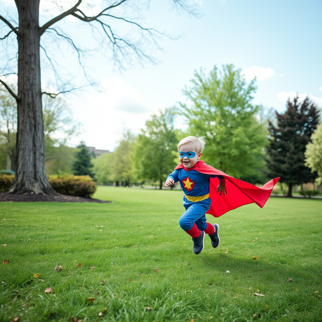 Little boy in superhero costume running in the park
