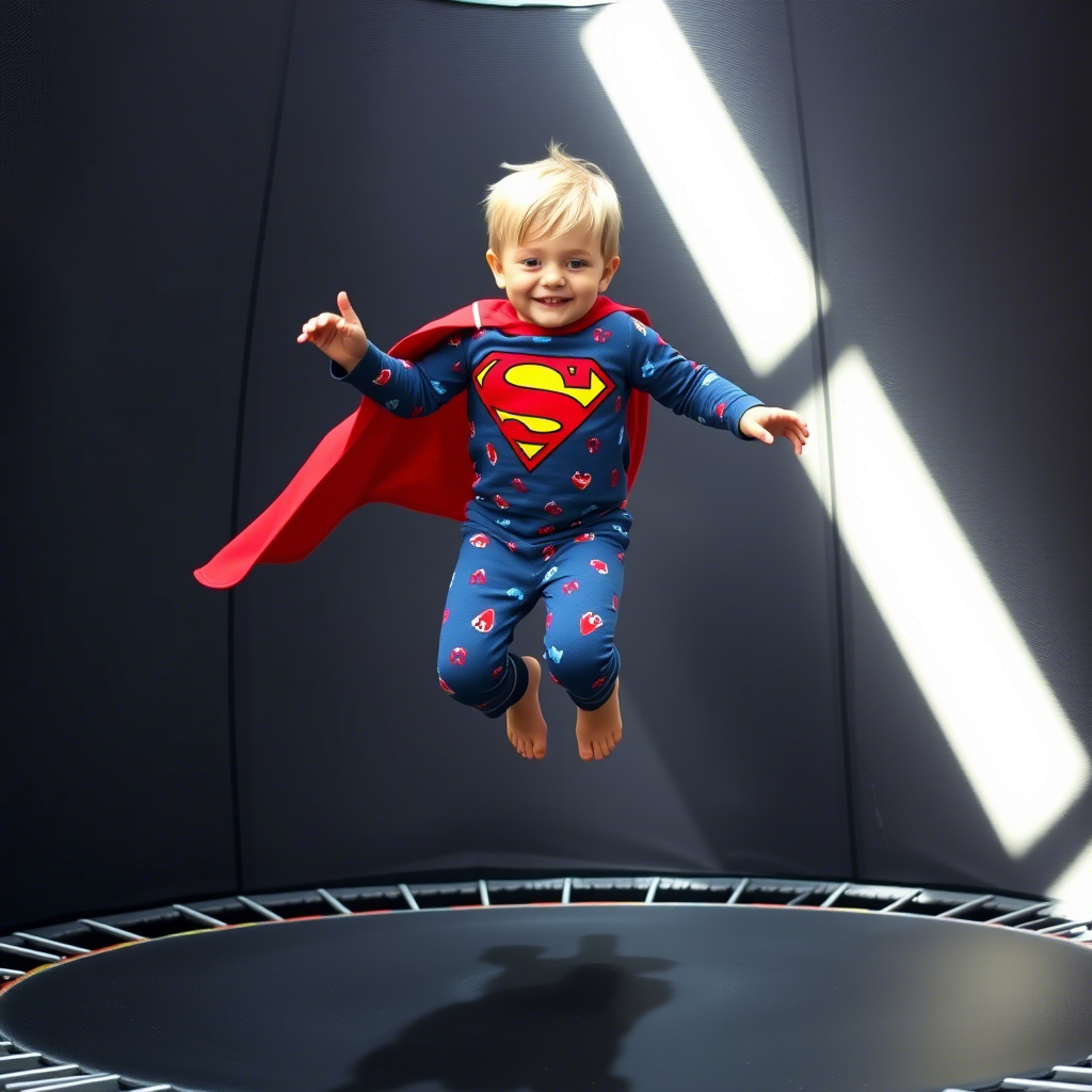 Little boy in superhero pajamas jumping on a trampoline