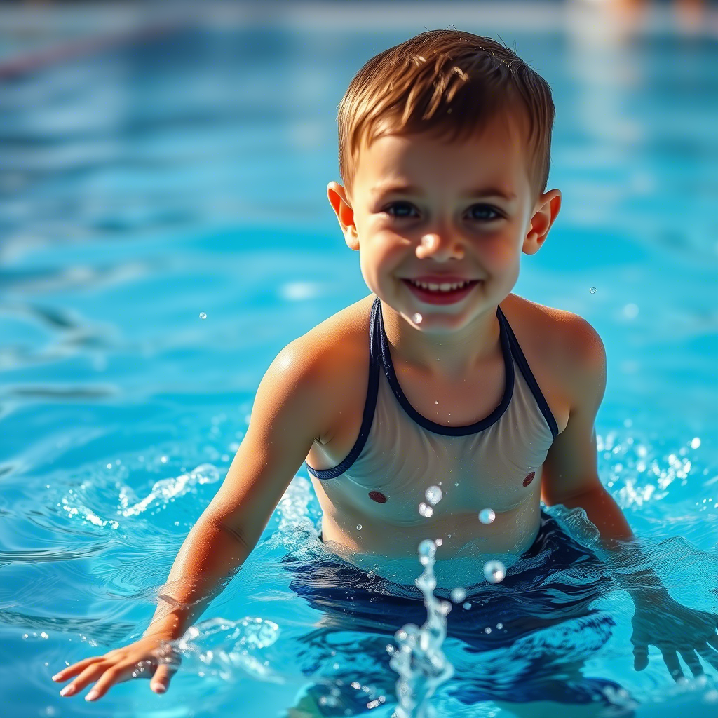 Little boy in swimwear splashing in a swimming pool