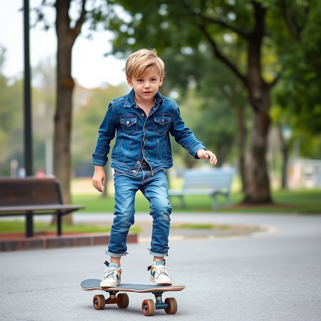 Little boy in trendy denim outfit riding a skateboard in the park