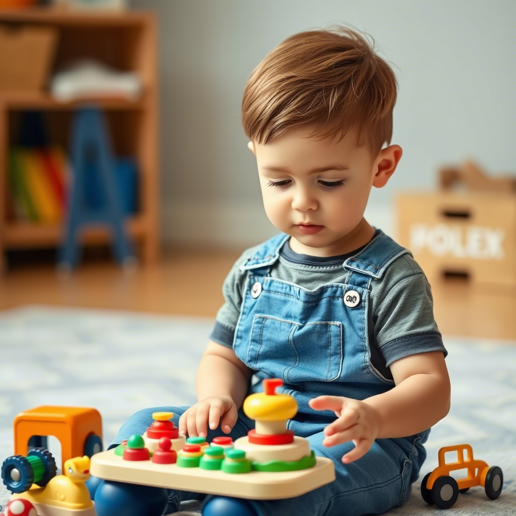 Little boy in trendy graphic tee and denim overalls playing with toys