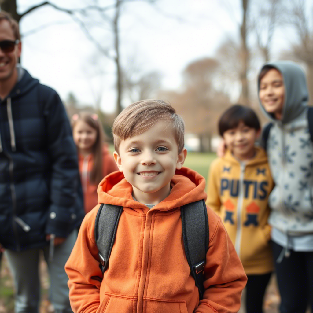 Little boy in trendy hoodie smiling with friends in park