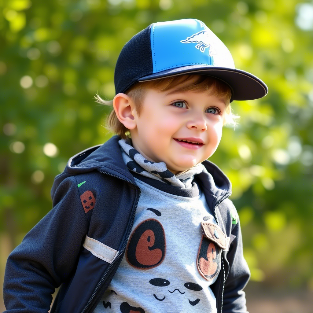 Little boy in trendy kids’ clothing, outdoor play