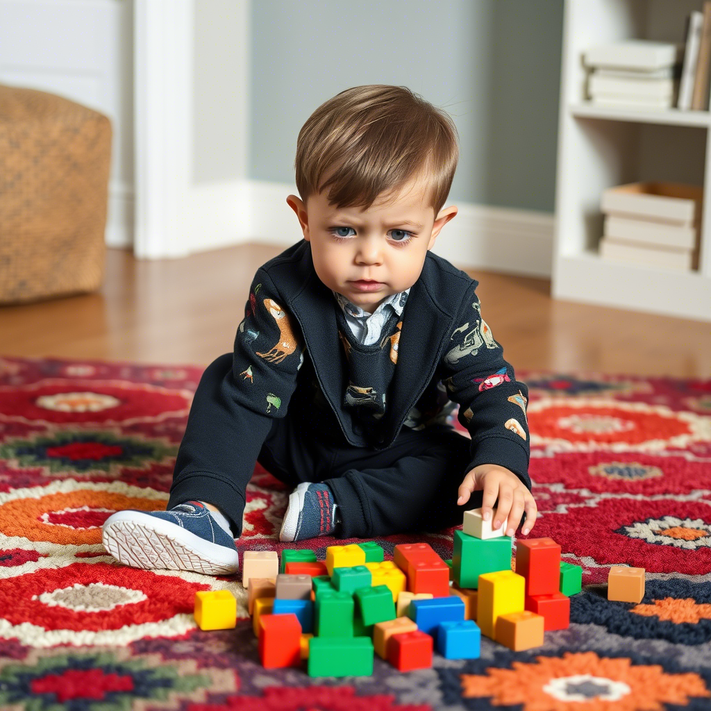 Little boy in trendy outfit playing with blocks on a colorful rug
