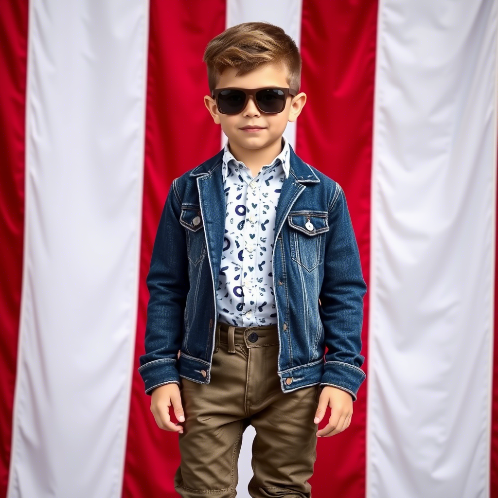 Little boy in trendy outfit standing in front of American flag
