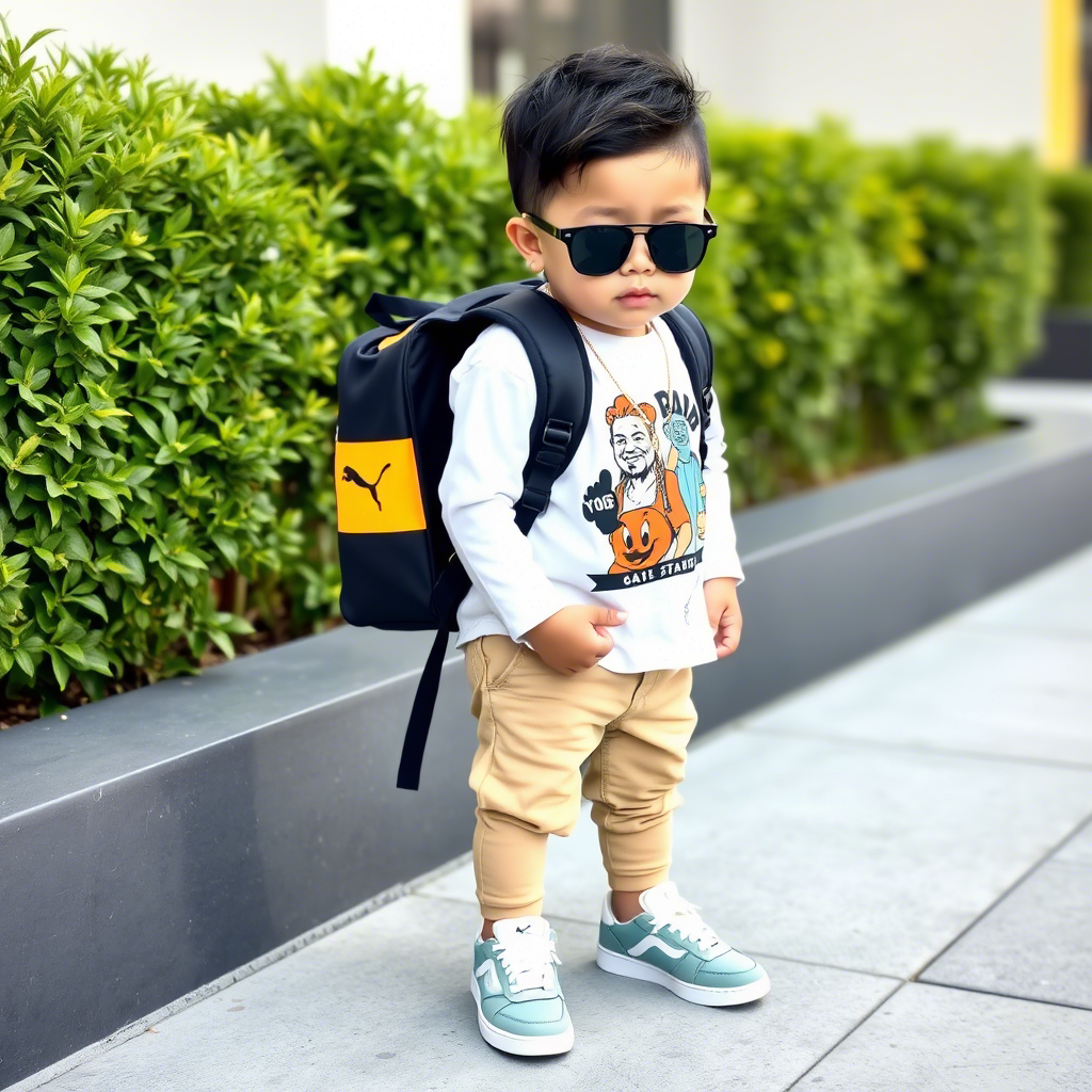 Little boy in trendy outfit with sneakers and trendy backpack accessories