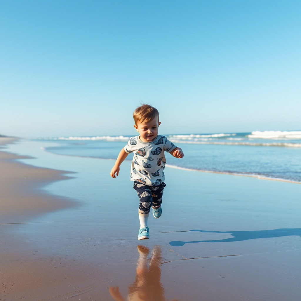 Little boy in trendy toddler clothing running on the beach