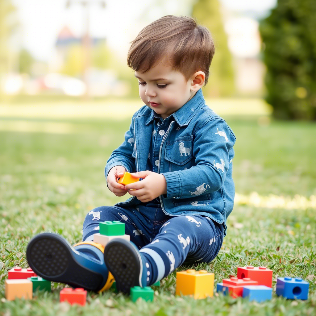 Little boy in trendy toddler outfit playing with blocks outside
