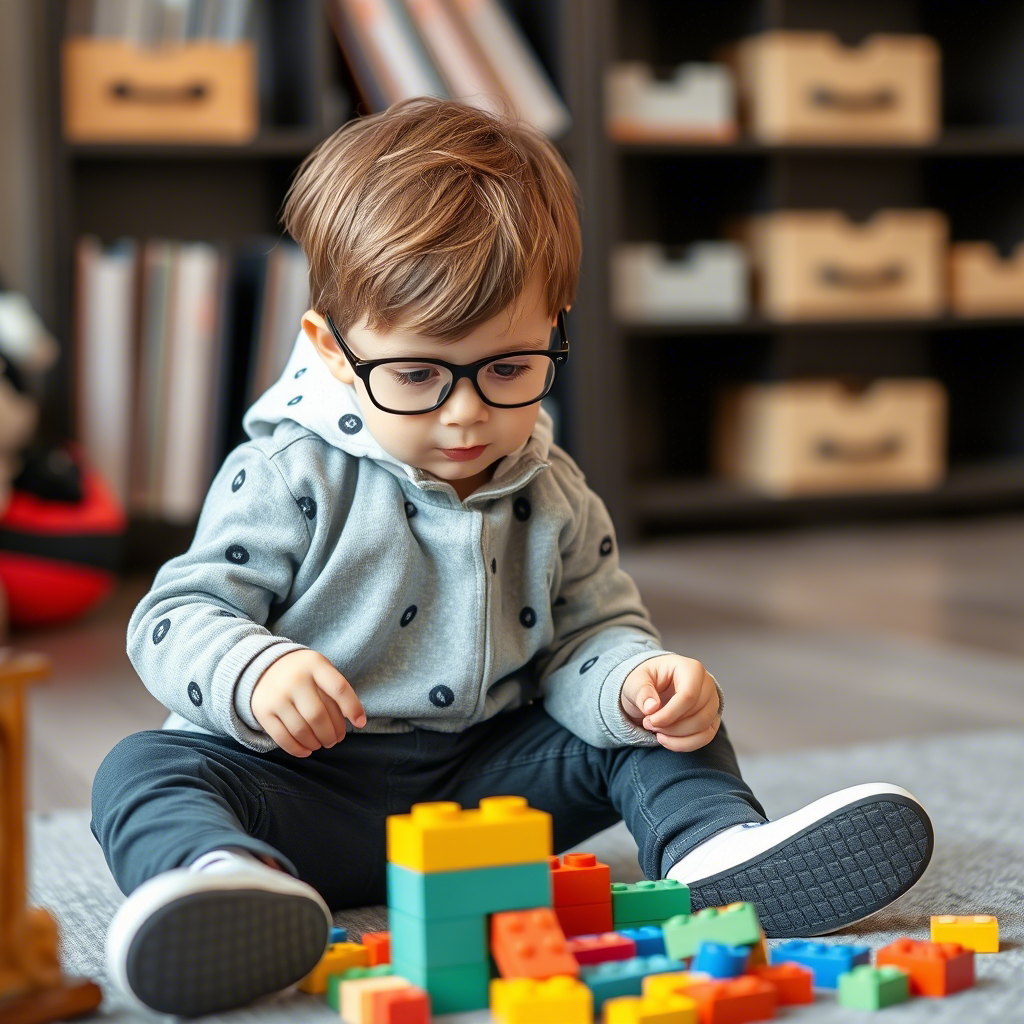 Little boy in trendy wholesale kids clothing playing with blocks