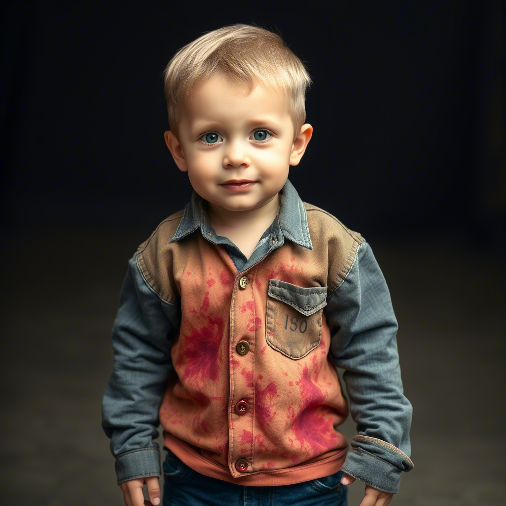 Little boy in worn-out toddler clothes with stains