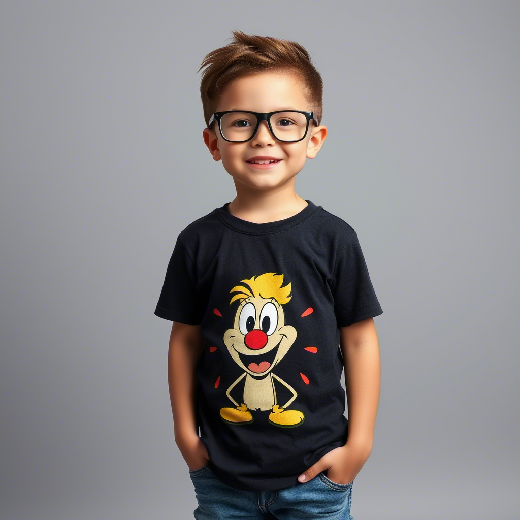 Little boy modeling a trendy T-shirt with a fun cartoon character design