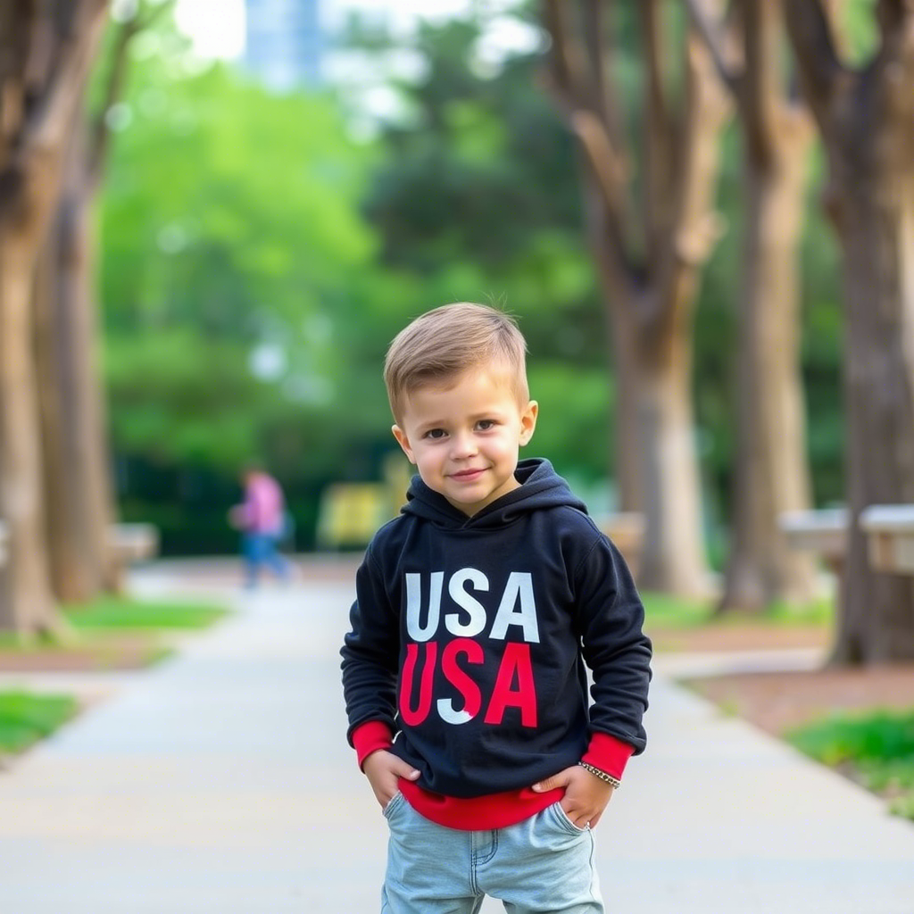 Little boy modeling adorable USA-made kids clothing in a park